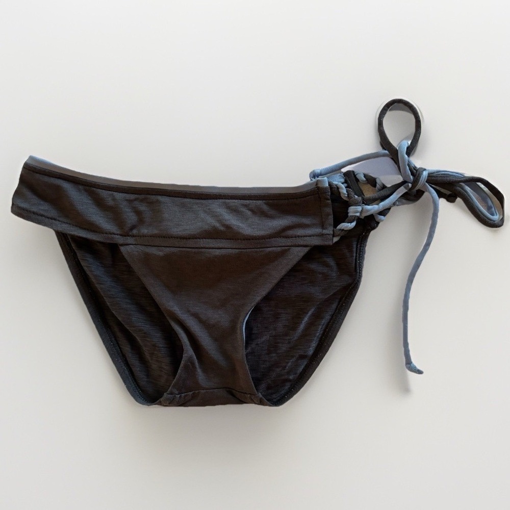 BECCA Bikini Bottoms Womens XS Grey Blue Braided‎ Side Tie Low Rise Surfer Beach
